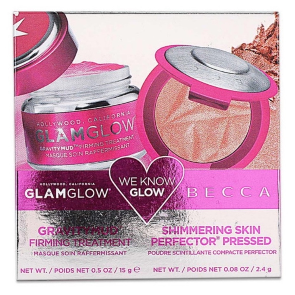 New GlamGlow Becca We Know Glow Gravitymud & Rose Glow Shimmering Skin Perfector